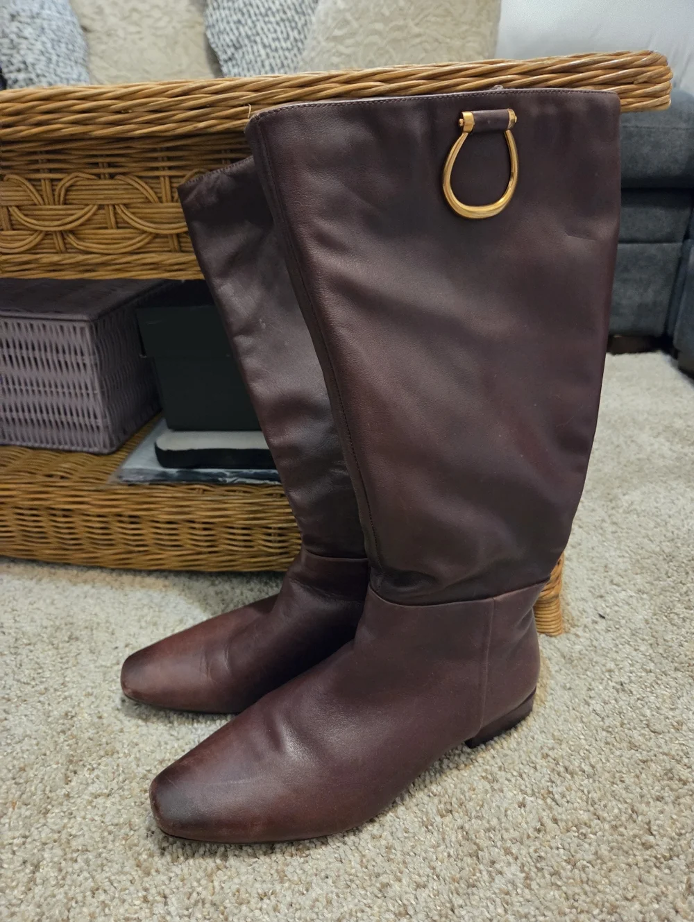Tall Brown Leather Wide Calf Riding Boots with Gold Ring Accent
